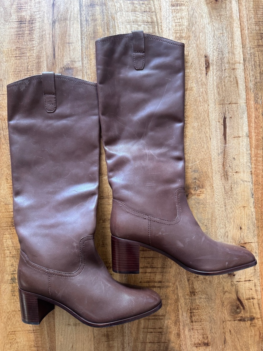Ralph Lauren Carla Women’s Brown Mid-Calf Burnished Leather Block Heel Boots